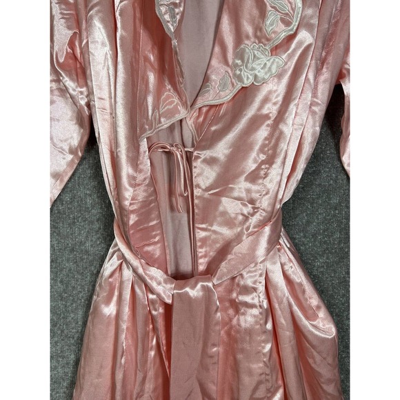Vintage Victorias Secret Pink Satin Robe Size‎ M/L Floral Applique POCKETS - Picture 5 of 8